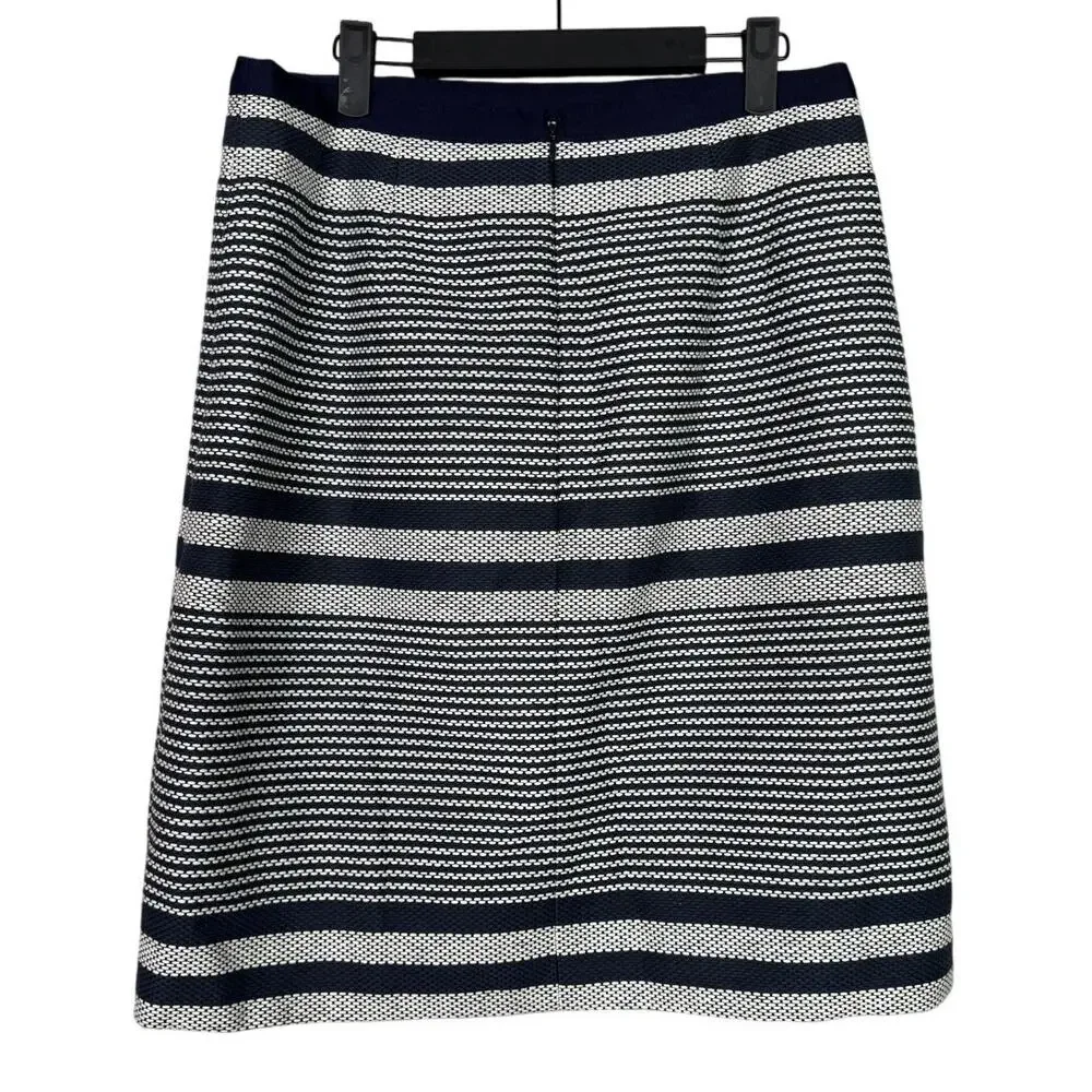 J. Crew Striped Nautical A Lined Knee Length Pencil Tweed Skirt 8 T Blue White